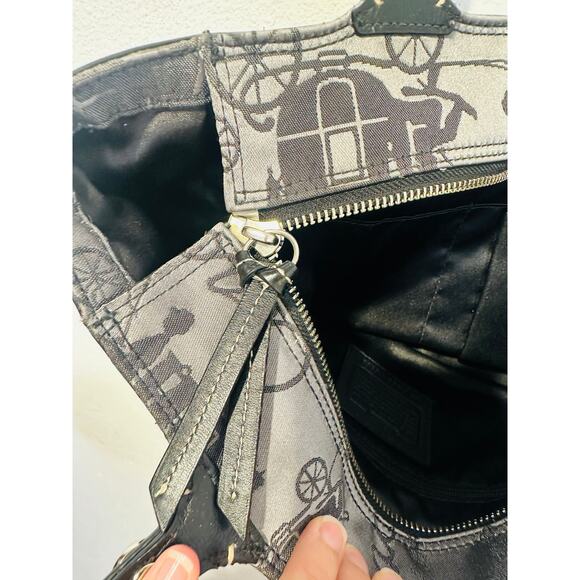 COACH Grey Black Stage Coach Horse Printed Fabric Y2K Leather Tote Handbag - Picture 13 of 15